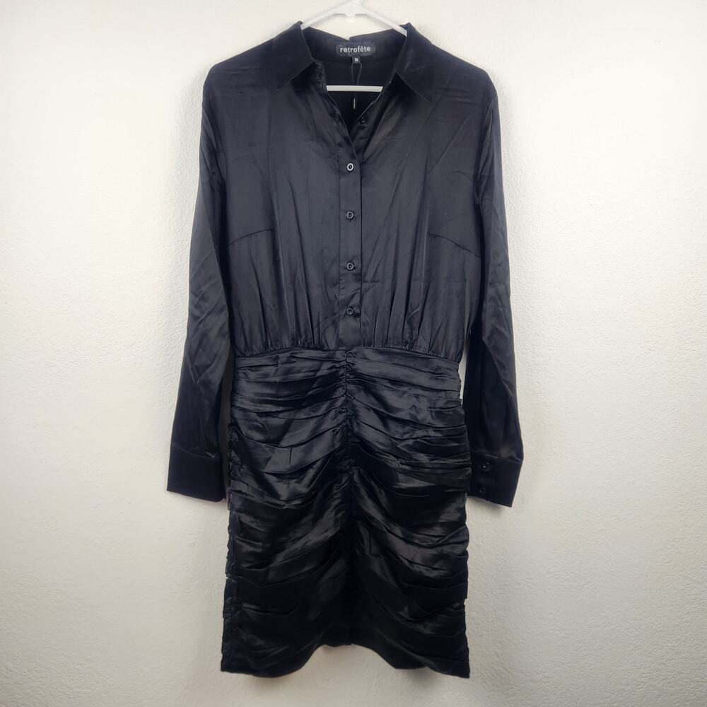 Retrofete Natalia Black Dress Satin Size Medium Ruched Skirt Long Sleeve NWT